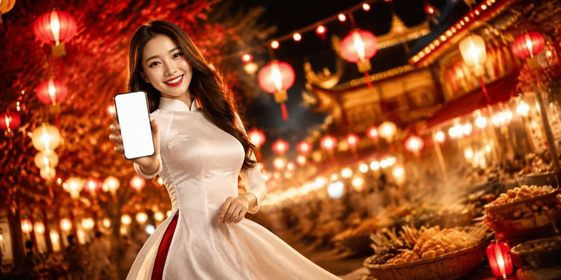 Người dùng tại Huế mặc áo dài dùng điện thoại di động để kiểm tra và dùng mã voucher casino